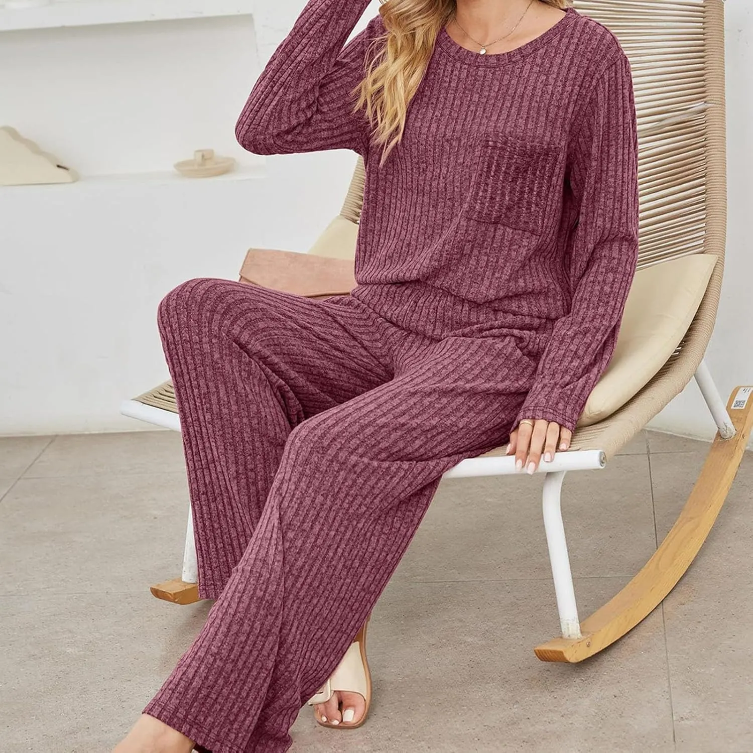Lounge Sets for Women Two Piece Outfits Crewneck Ribbed Knit Sweater and Wide Leg Pants Casual Comfy Loungewear