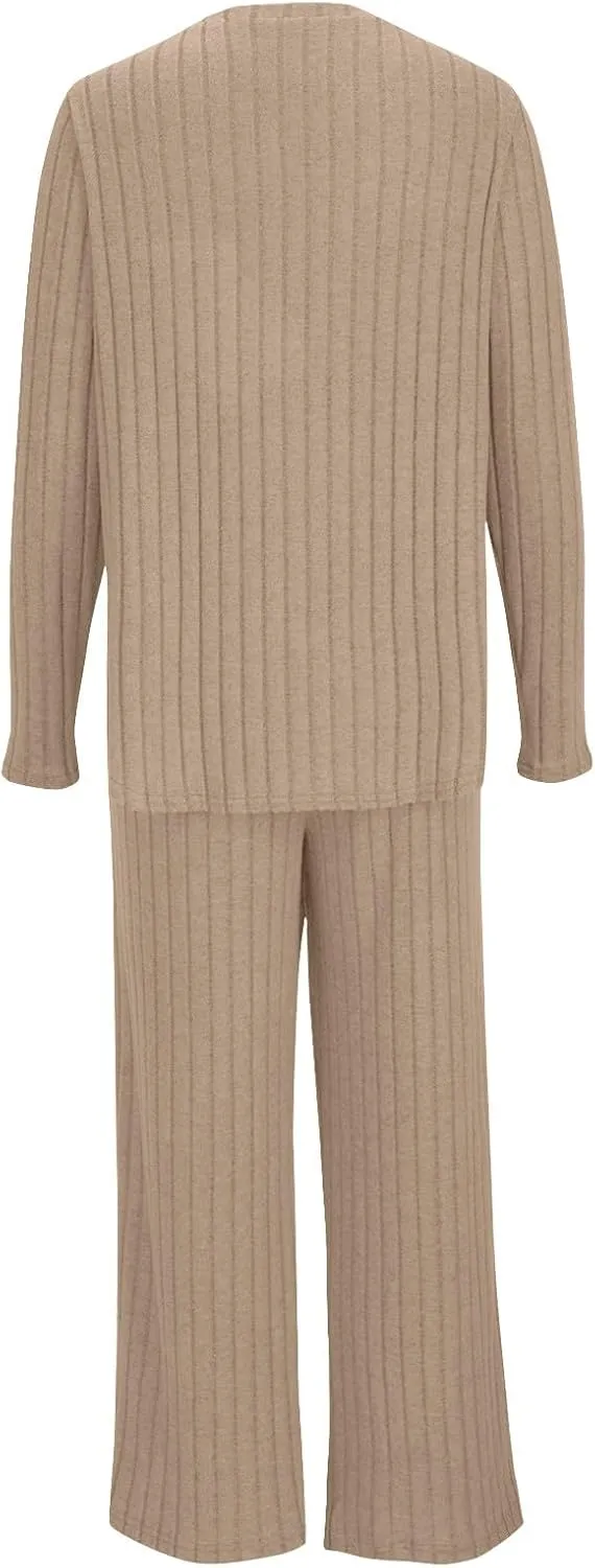 Lounge Sets for Women Two Piece Outfits Crewneck Ribbed Knit Sweater and Wide Leg Pants Casual Comfy Loungewear