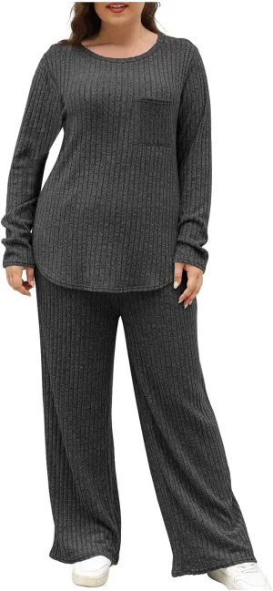 Lounge Sets for Women Two Piece Outfits Crewneck Ribbed Knit Sweater and Wide Leg Pants Casual Comfy Loungewear