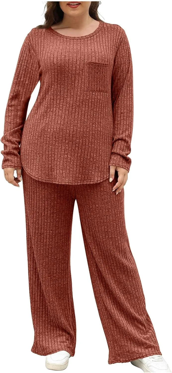 Lounge Sets for Women Two Piece Outfits Crewneck Ribbed Knit Sweater and Wide Leg Pants Casual Comfy Loungewear