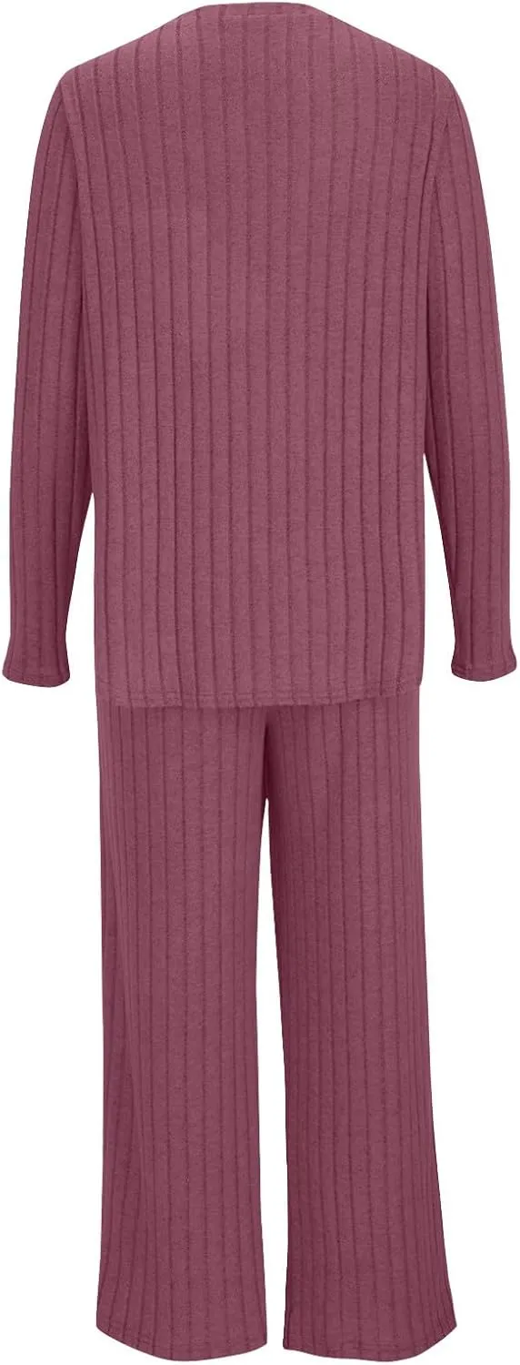 Lounge Sets for Women Two Piece Outfits Crewneck Ribbed Knit Sweater and Wide Leg Pants Casual Comfy Loungewear