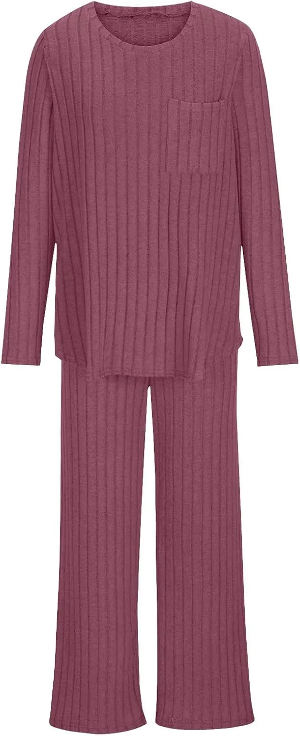 Lounge Sets for Women Two Piece Outfits Crewneck Ribbed Knit Sweater and Wide Leg Pants Casual Comfy Loungewear