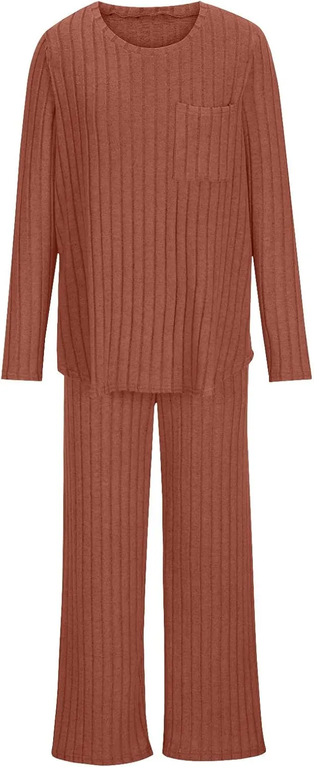 Lounge Sets for Women Two Piece Outfits Crewneck Ribbed Knit Sweater and Wide Leg Pants Casual Comfy Loungewear
