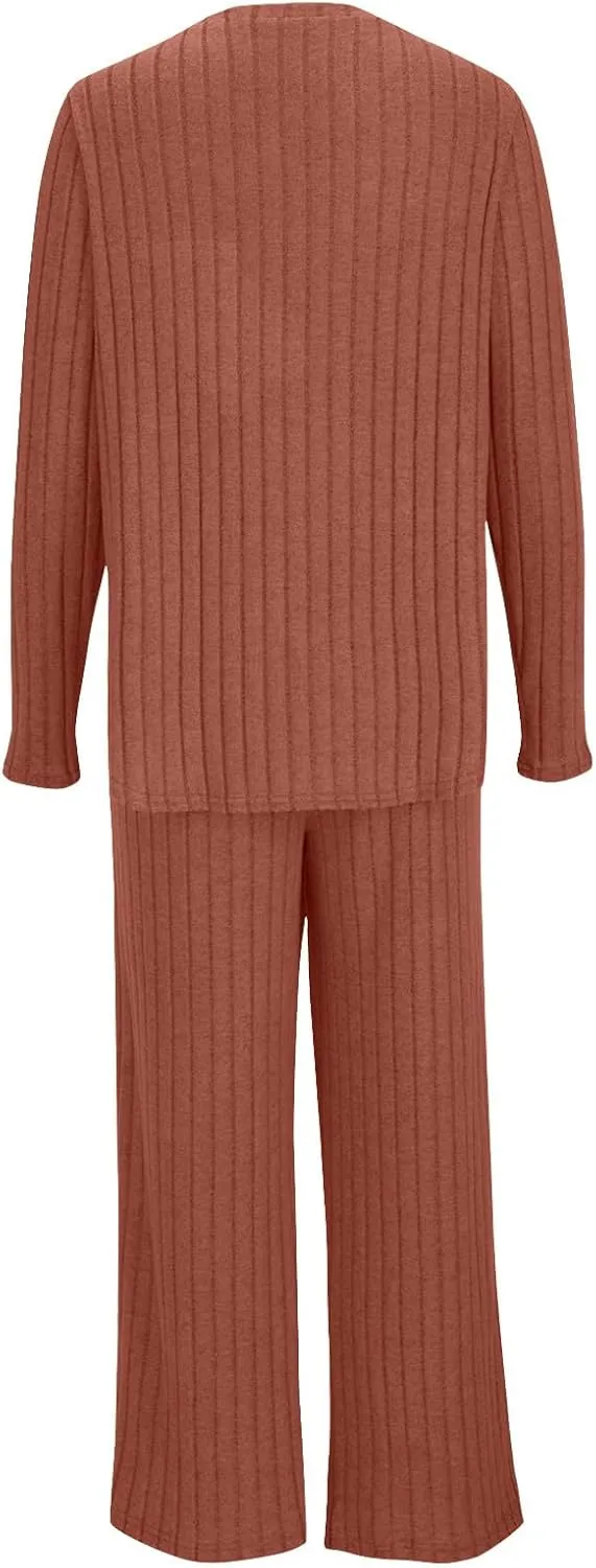 Lounge Sets for Women Two Piece Outfits Crewneck Ribbed Knit Sweater and Wide Leg Pants Casual Comfy Loungewear