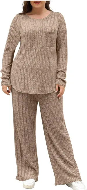 Lounge Sets for Women Two Piece Outfits Crewneck Ribbed Knit Sweater and Wide Leg Pants Casual Comfy Loungewear