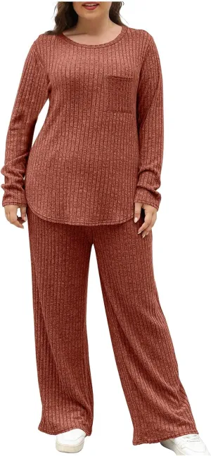 Lounge Sets for Women Two Piece Outfits Crewneck Ribbed Knit Sweater and Wide Leg Pants Casual Comfy Loungewear