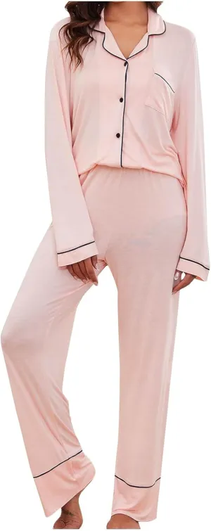 Loungewear Outfit for Women Solid Fashion Button Down Long Sleeve Pj Shirt and Pants Set 2 Piece Classic Lounge Sets