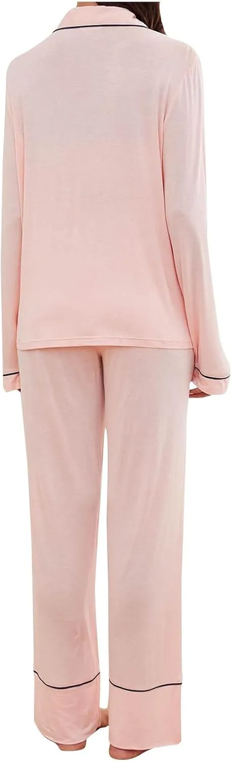 Loungewear Outfit for Women Solid Fashion Button Down Long Sleeve Pj Shirt and Pants Set 2 Piece Classic Lounge Sets