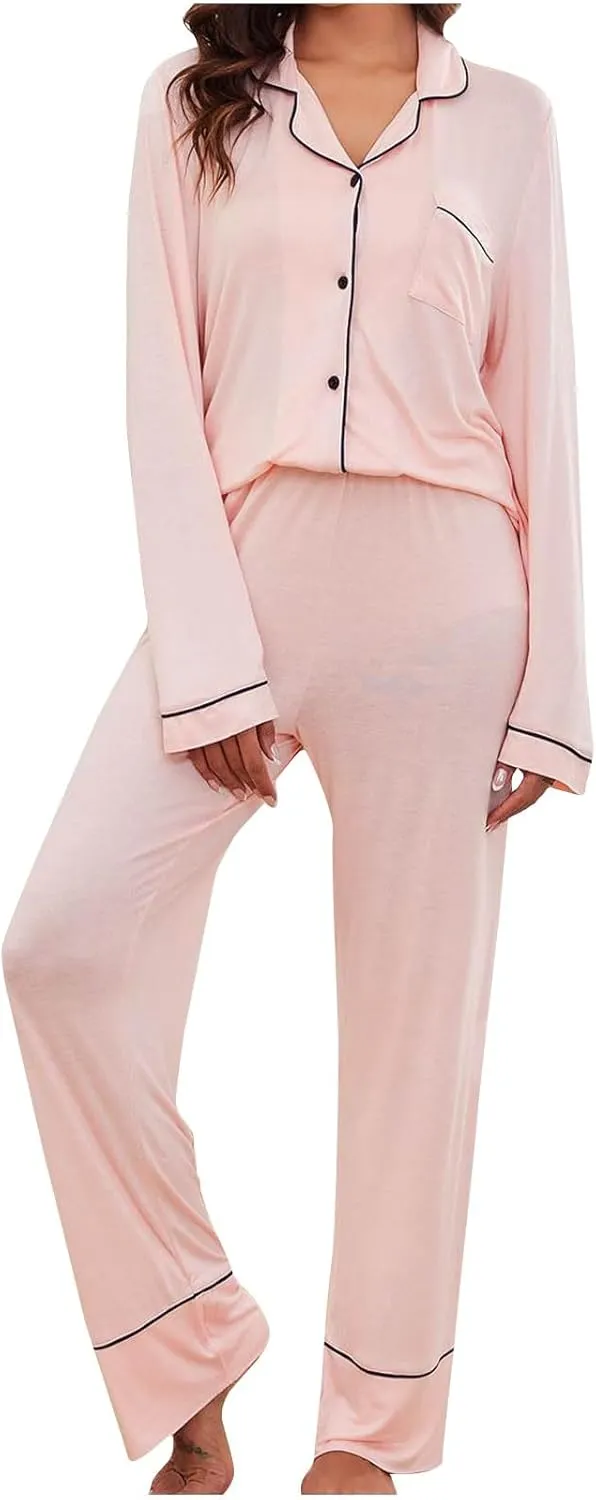Loungewear Outfit for Women Solid Fashion Button Down Long Sleeve Pj Shirt and Pants Set 2 Piece Classic Lounge Sets