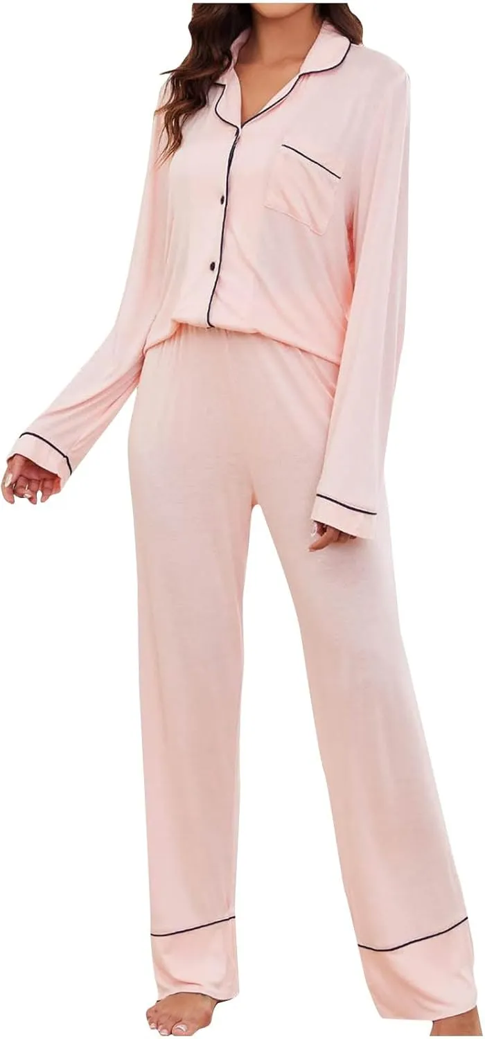 Loungewear Outfit for Women Solid Fashion Button Down Long Sleeve Pj Shirt and Pants Set 2 Piece Classic Lounge Sets
