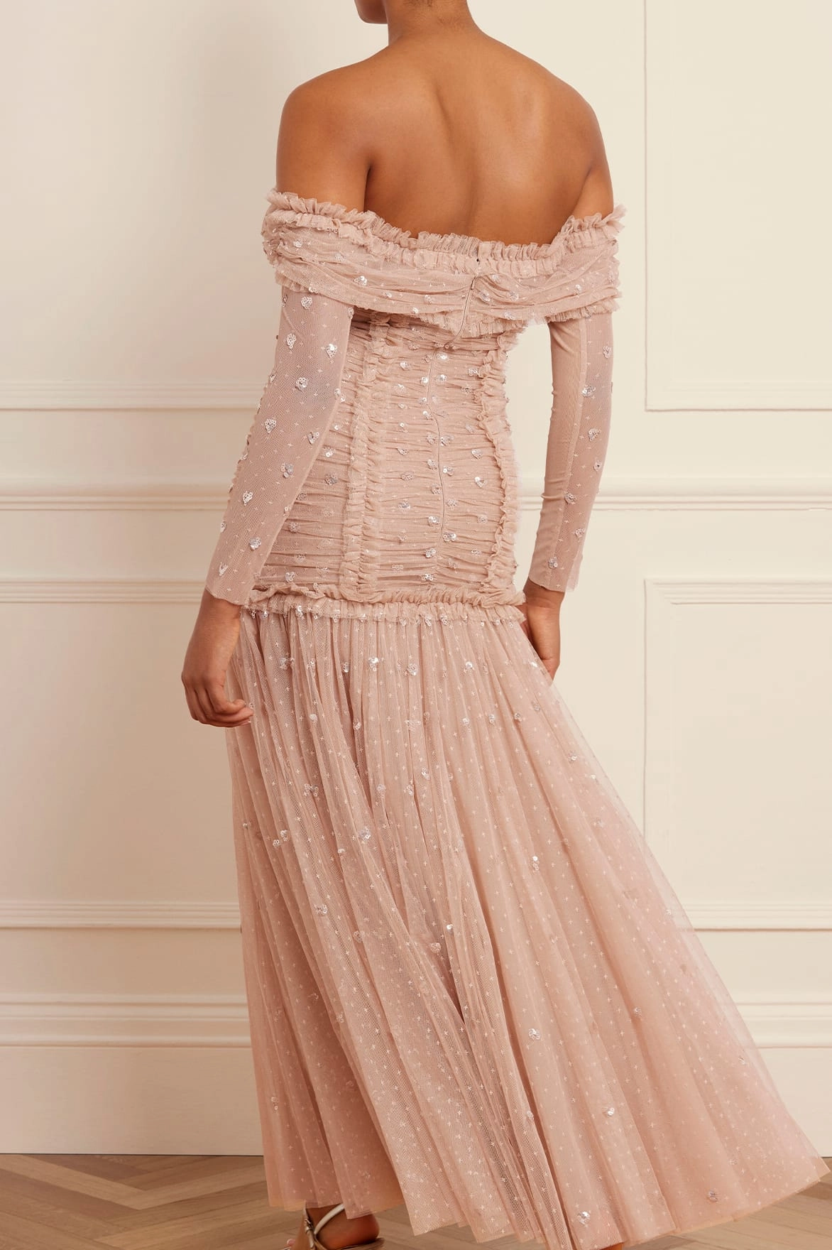Cool Drape Crystal-Detail Love Heart Rouched Off-Shoulder Gown