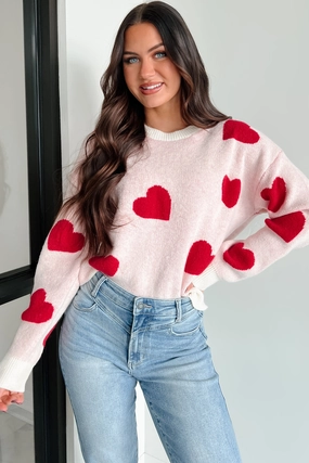 Ultra Soft Texture Love Knows All Heart Print Sweater (Cream/Red)