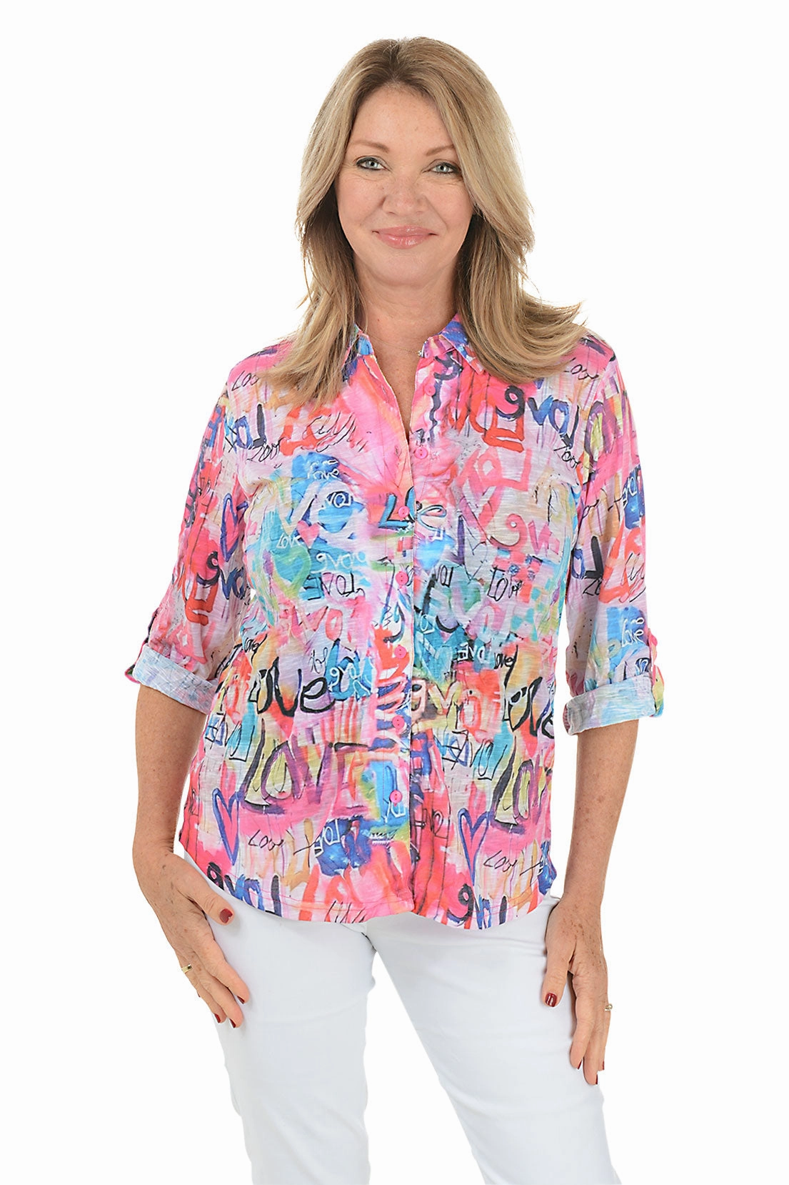 HighNeckCut Love Roll-Tab Knit Shirt
