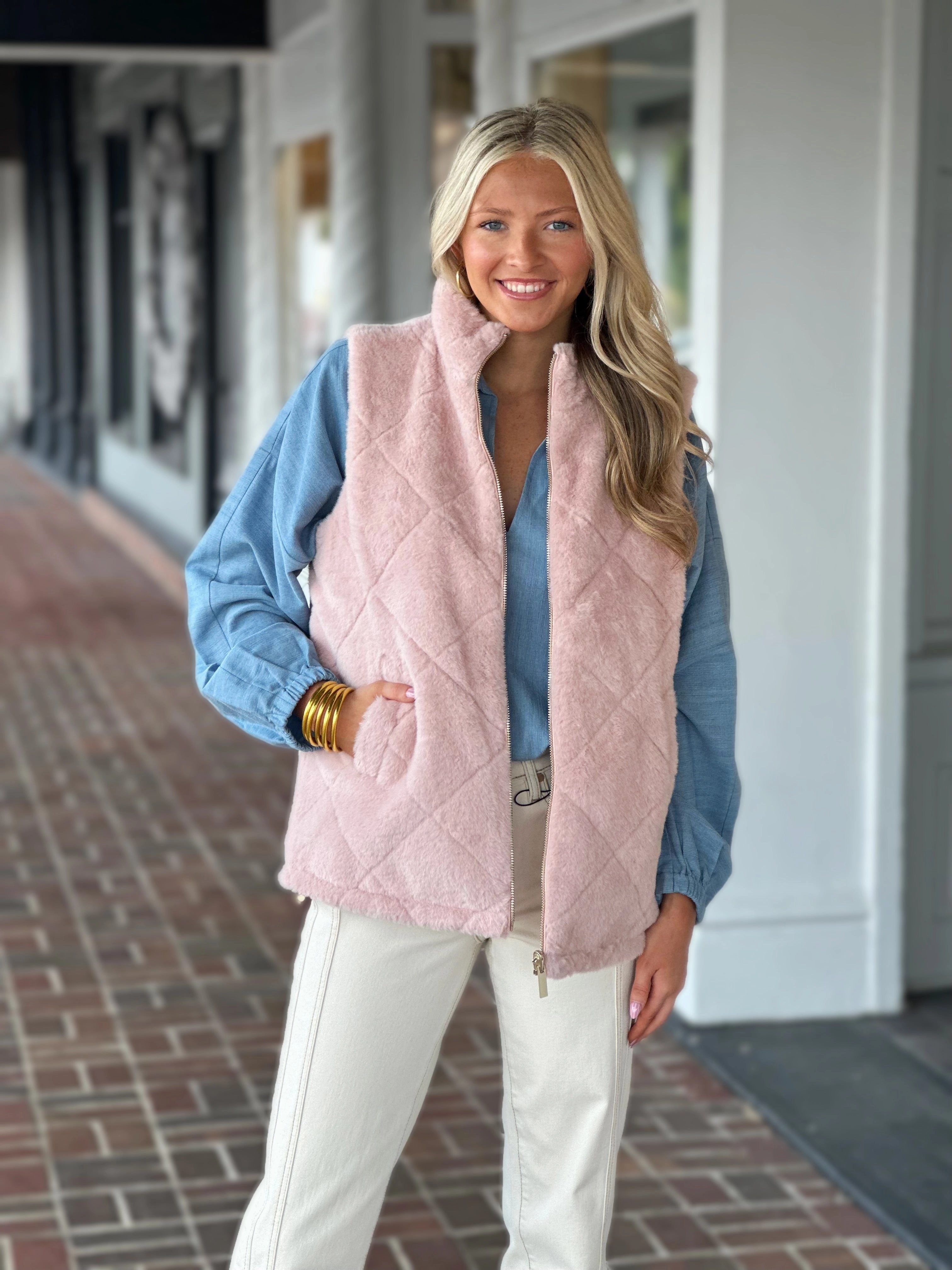 NonRestrictiveSilhouette BreathableFabricTech Charlie B Reversible Fur Vest in Pink