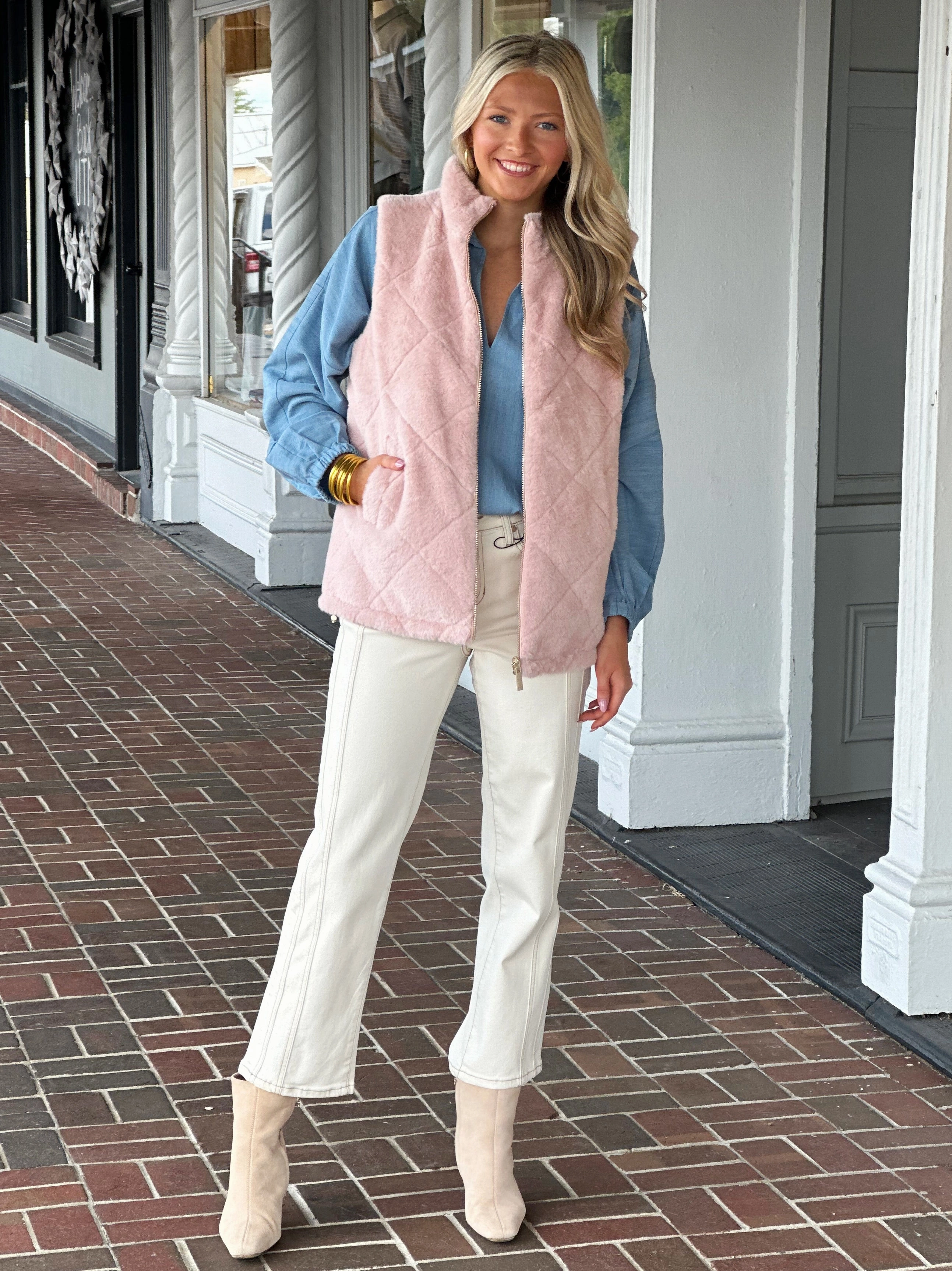 Charlie B Reversible Fur Vest in Pink Layered Neckline Details