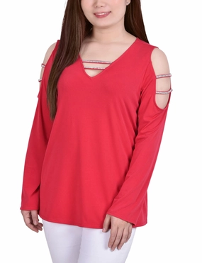 Petite Long Sleeve Knit Crepe Rhinestone Top Ribbed Hem Hidden Ventilation Zones