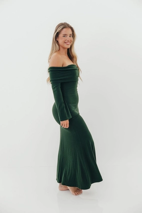 Monroe Maxi Dress with Long Sleeves in Hunter Green- Bump Friendly Refined Aesthetic Work Option