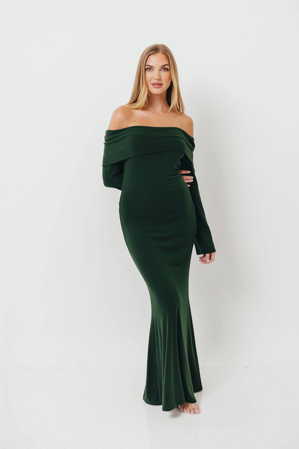 Silky Silhouette Monroe Maxi Dress with Long Sleeves in Hunter Green- Bump Friendly