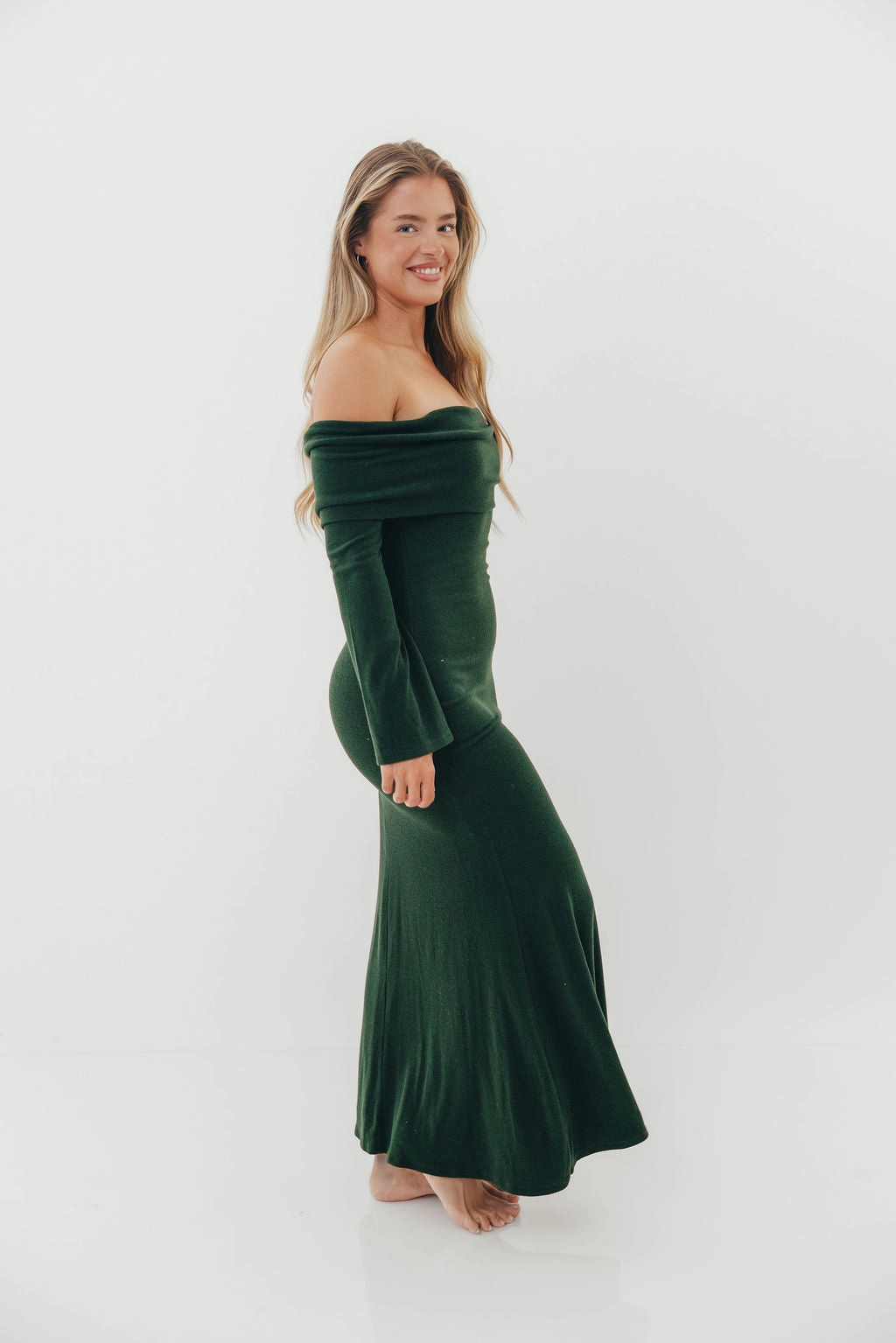 Monroe Maxi Dress with Long Sleeves in Hunter Green- Bump Friendly Refined Aesthetic Work Option