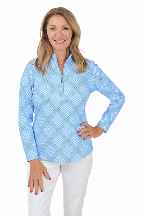 Diagonal Gingham Mock Neck UPF50  Top Reflective Safety Accents Eco Friendly Blend