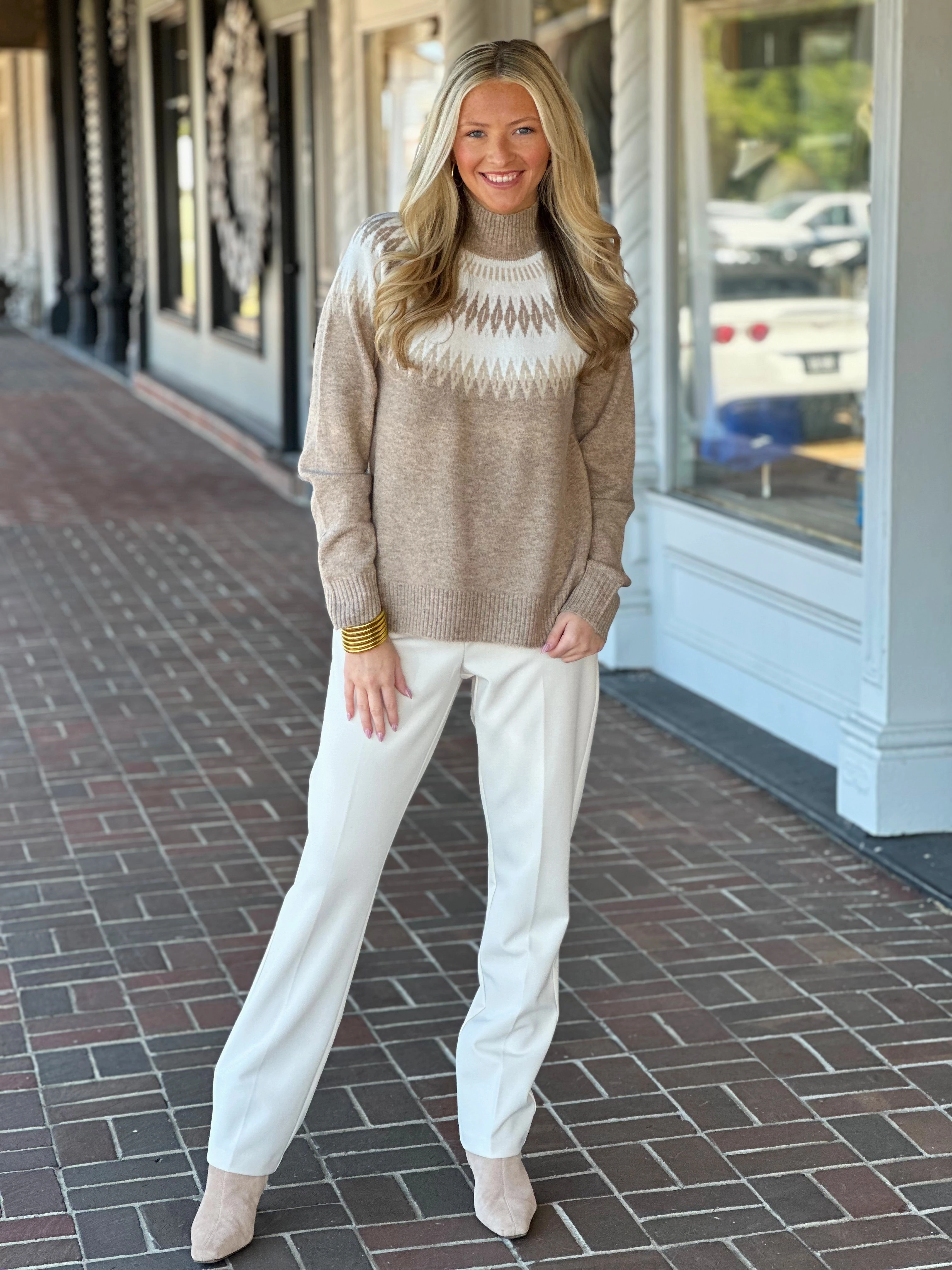 Soft Material Charlie B Jacquard Mock Neck Beige Sweater