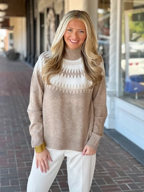 Temperature Regulating Textile Lightweight Knit Charlie B Jacquard Mock Neck Beige Sweater
