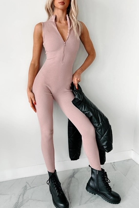 Luck Of The Draw Ribbed Half Zip Jumpsuit (Dusty Pink) PreShrunkFabric