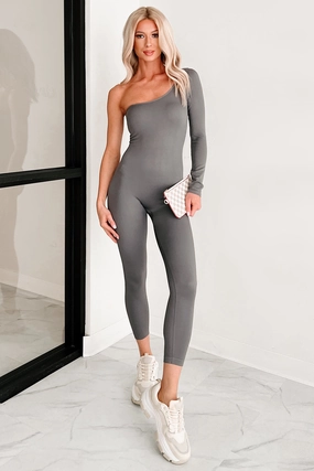 Luna One Shoulder Catsuit (Cool Grey) Adjustable Hem Toggles TaglessCollars
