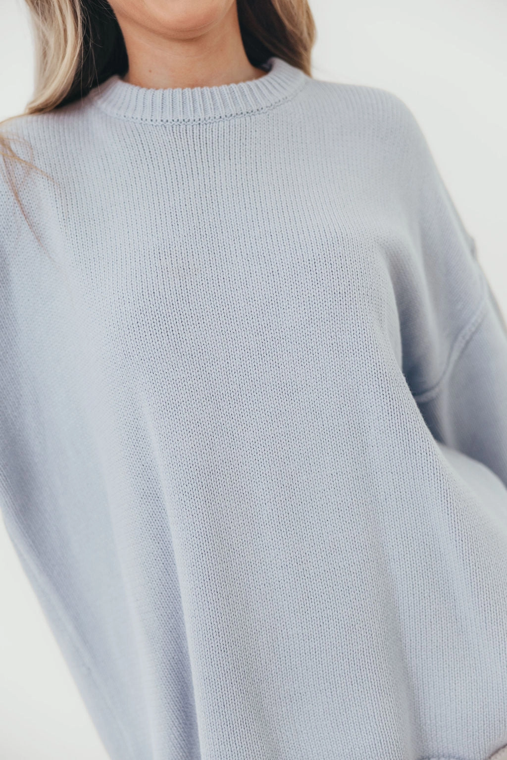 Luna Relaxed Boyfriend Fit Crew Neck Sweater in Misty Blue Minimalist Design Compact Weave Fabric