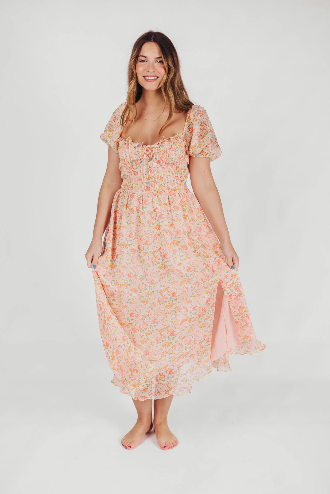 Lunaria Pleated Bustier Midi Dress in Orange Floral *Final-Sale* Flowing Lines Versatile-Style