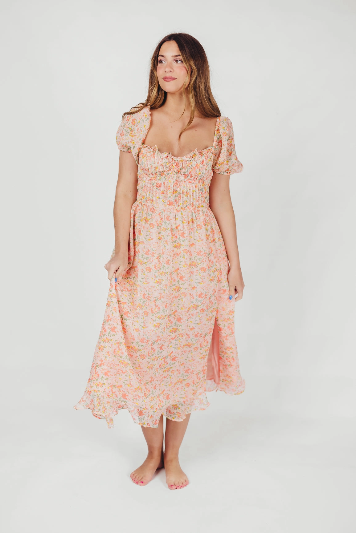 Chilly Weather Layer Lunaria Pleated Bustier Midi Dress in Orange Floral *Final-Sale*