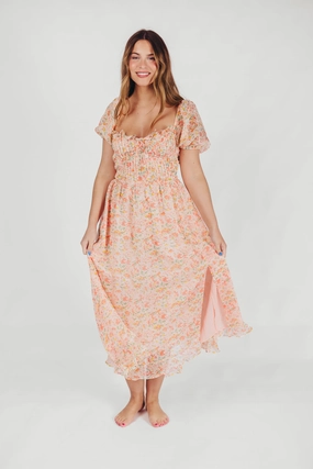 Lunaria Pleated Bustier Midi Dress in Orange Floral *Final-Sale* Flowing Lines Versatile-Style