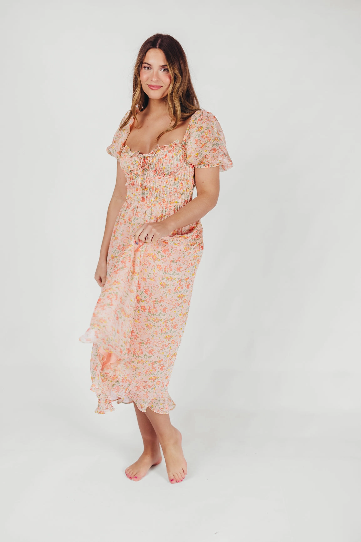 Natural Silhouette Lunaria Pleated Bustier Midi Dress in Orange Floral *Final-Sale*