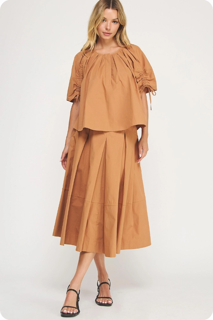 Liana Belted Midi Skirt in Mocha Simple Fashion raw hem
