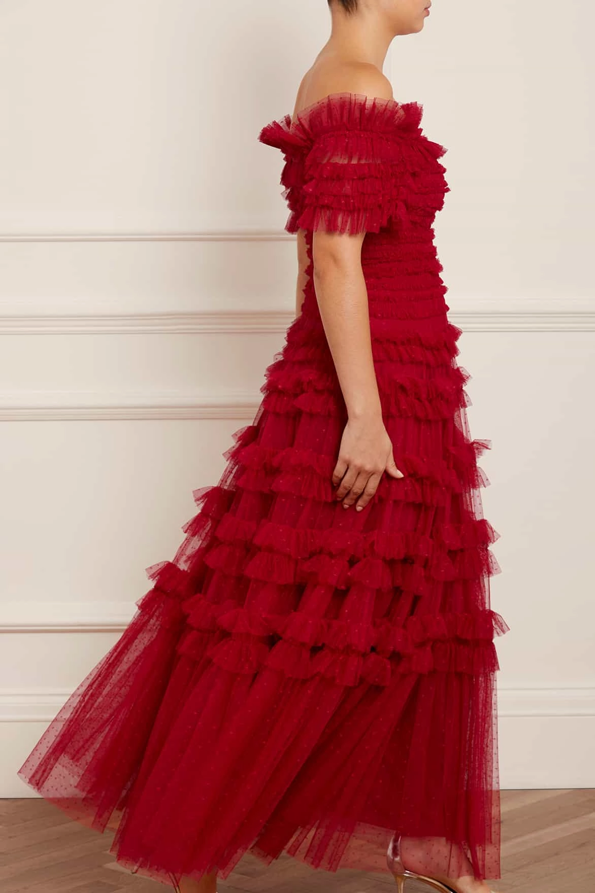 Calm Grace Lisette Ruffle Off Shoulder Gown