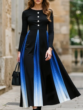 Bare Glow Gradient Button Round Neck Long Sleeve Dress