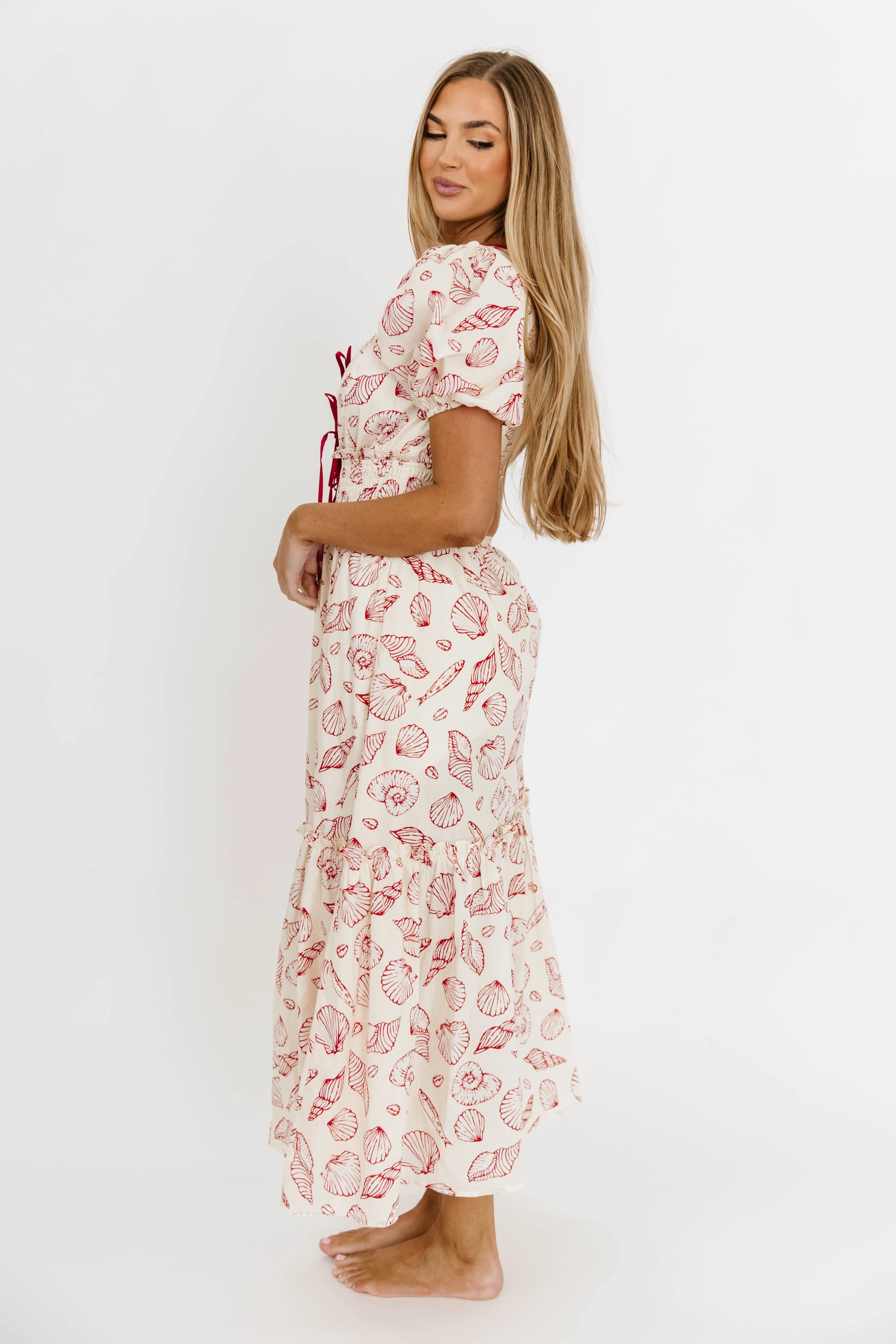 Jesse 100% Cotton Midi Dress With Puff Sleeves in Red *Final-Sale* Silky-Feel