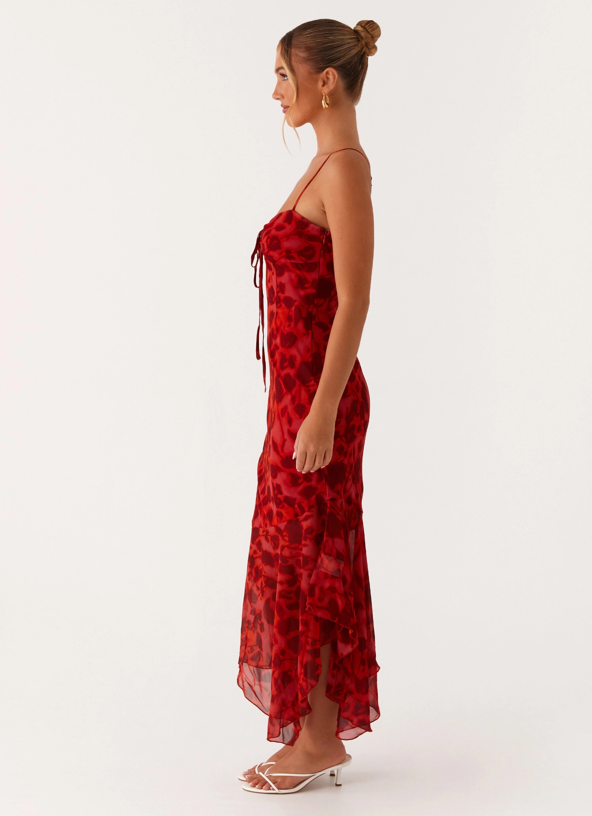 Sally Midi Dress - Deep Red Floral Feminine fit-and-flare silhouette