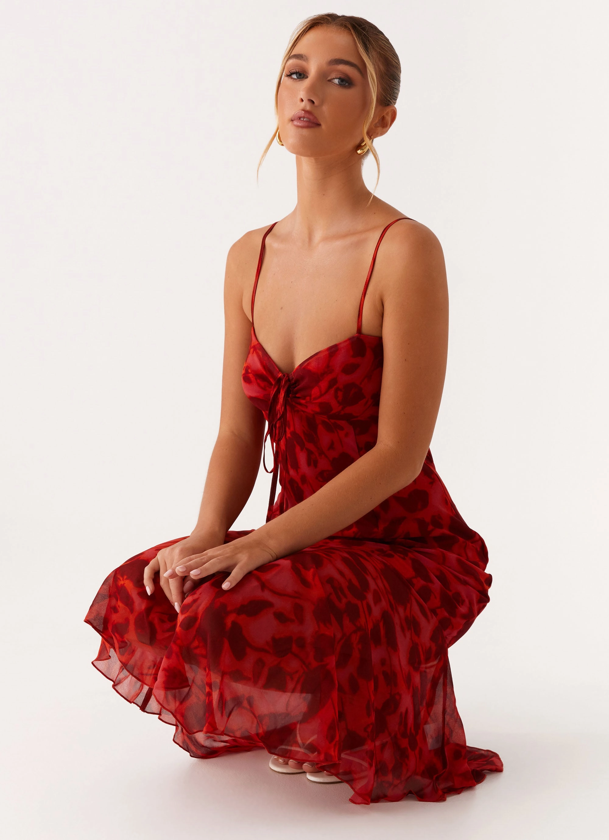 Sally Midi Dress - Deep Red Floral Bow Glow