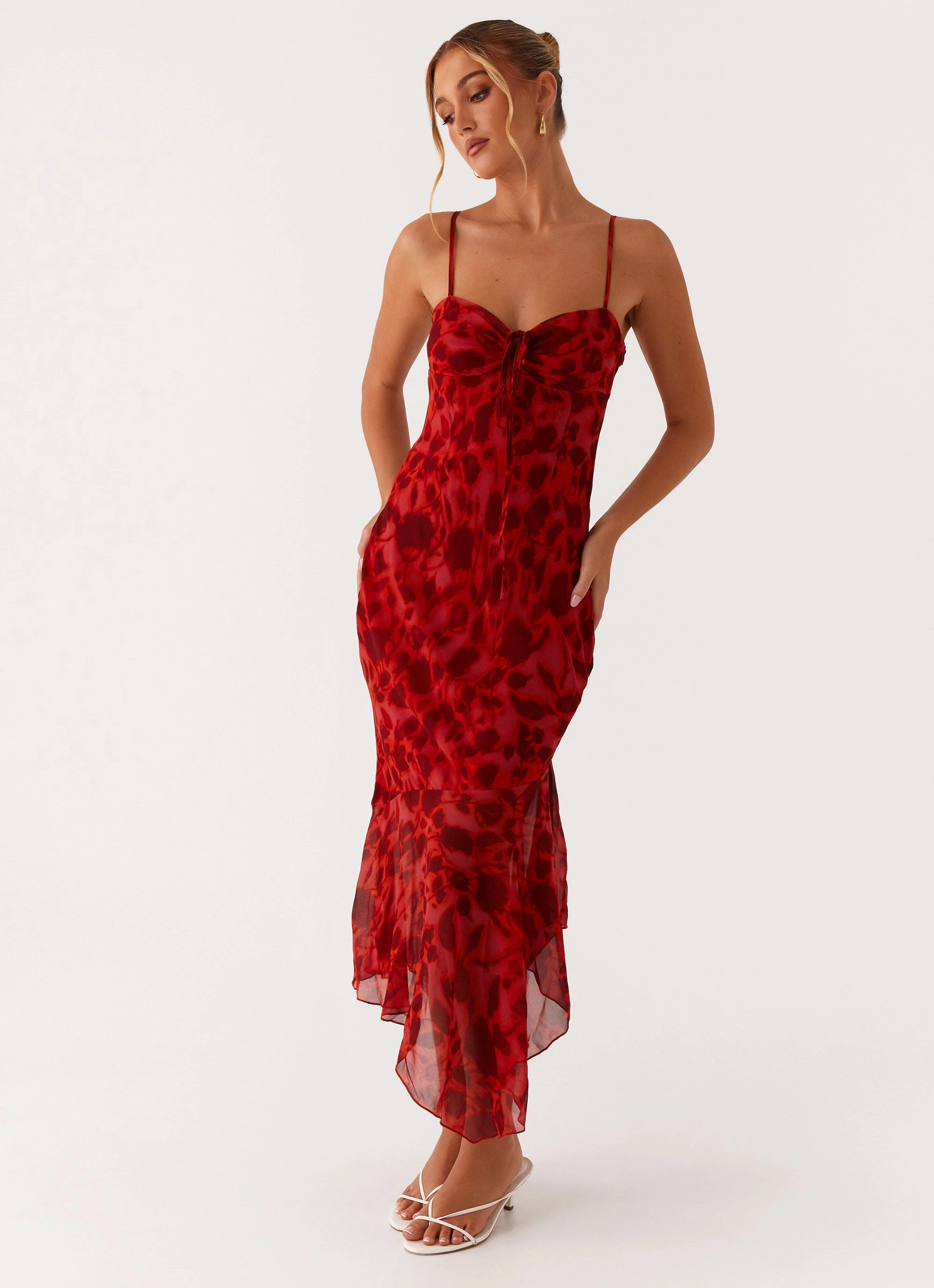 Sally Midi Dress - Deep Red Floral Boho Tone