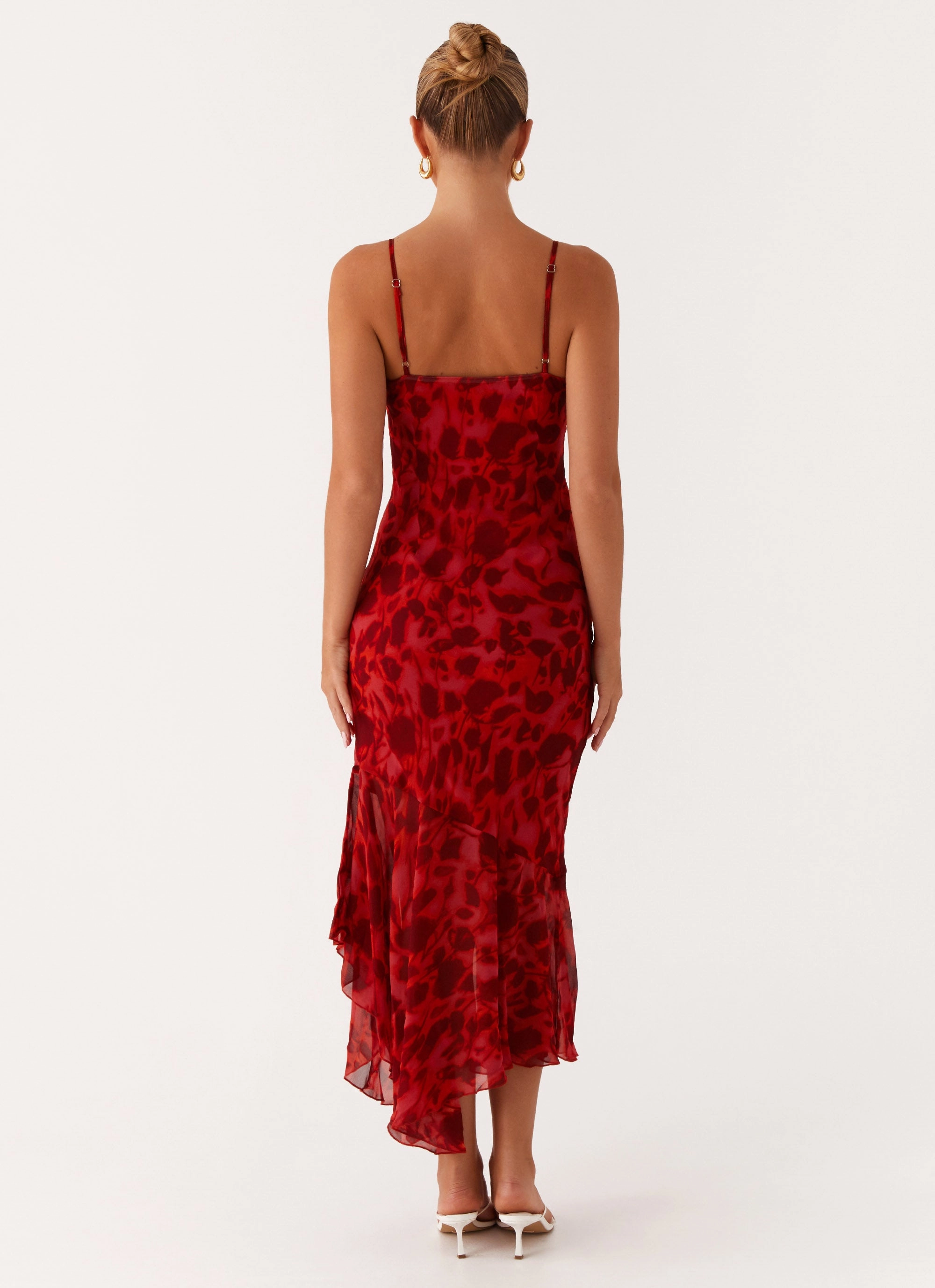 Sally Midi Dress - Deep Red Floral Applique-Detail