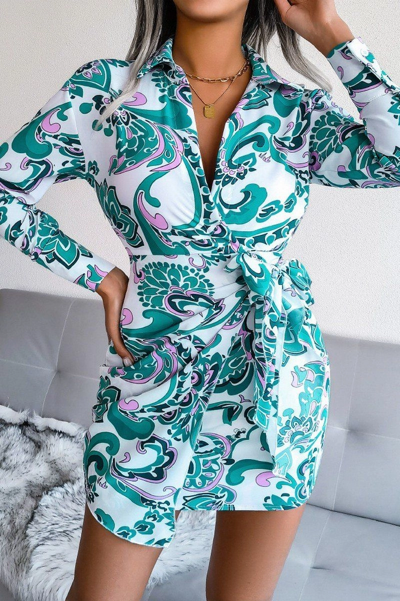 WOMEN LONGSLEEVE PRINTED LACE UP SHIRT DRESS Metallic-Shine Calm Grace