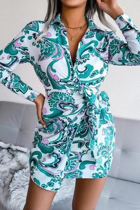 WOMEN LONGSLEEVE PRINTED LACE UP SHIRT DRESS Metallic-Shine Calm Grace