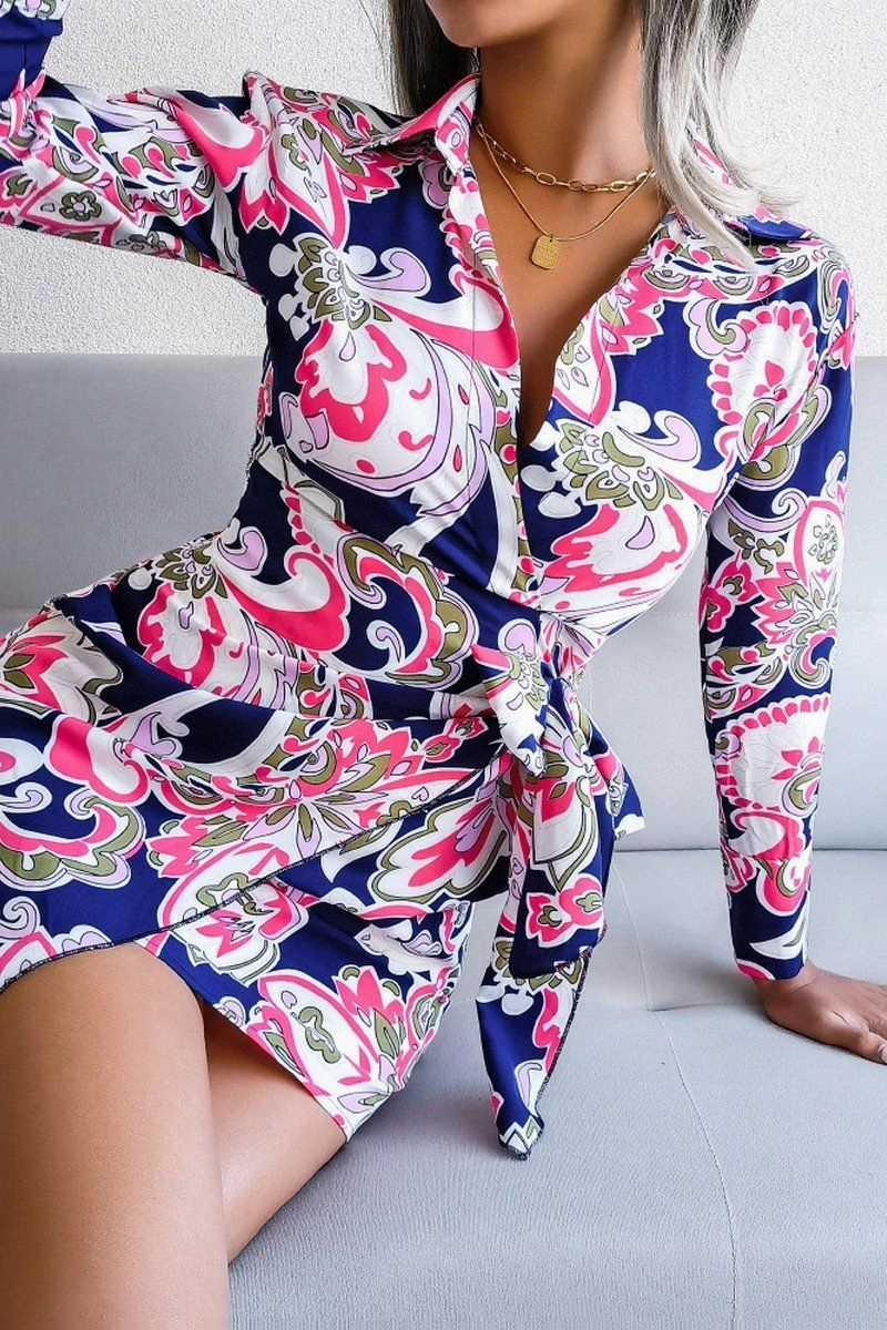 Side Slit Quiet Glow WOMEN LONGSLEEVE PRINTED LACE UP SHIRT DRESS