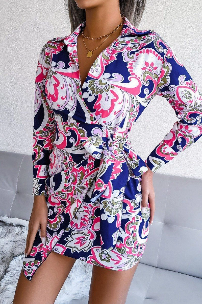 WOMEN LONGSLEEVE PRINTED LACE UP SHIRT DRESS Stylish Waistband