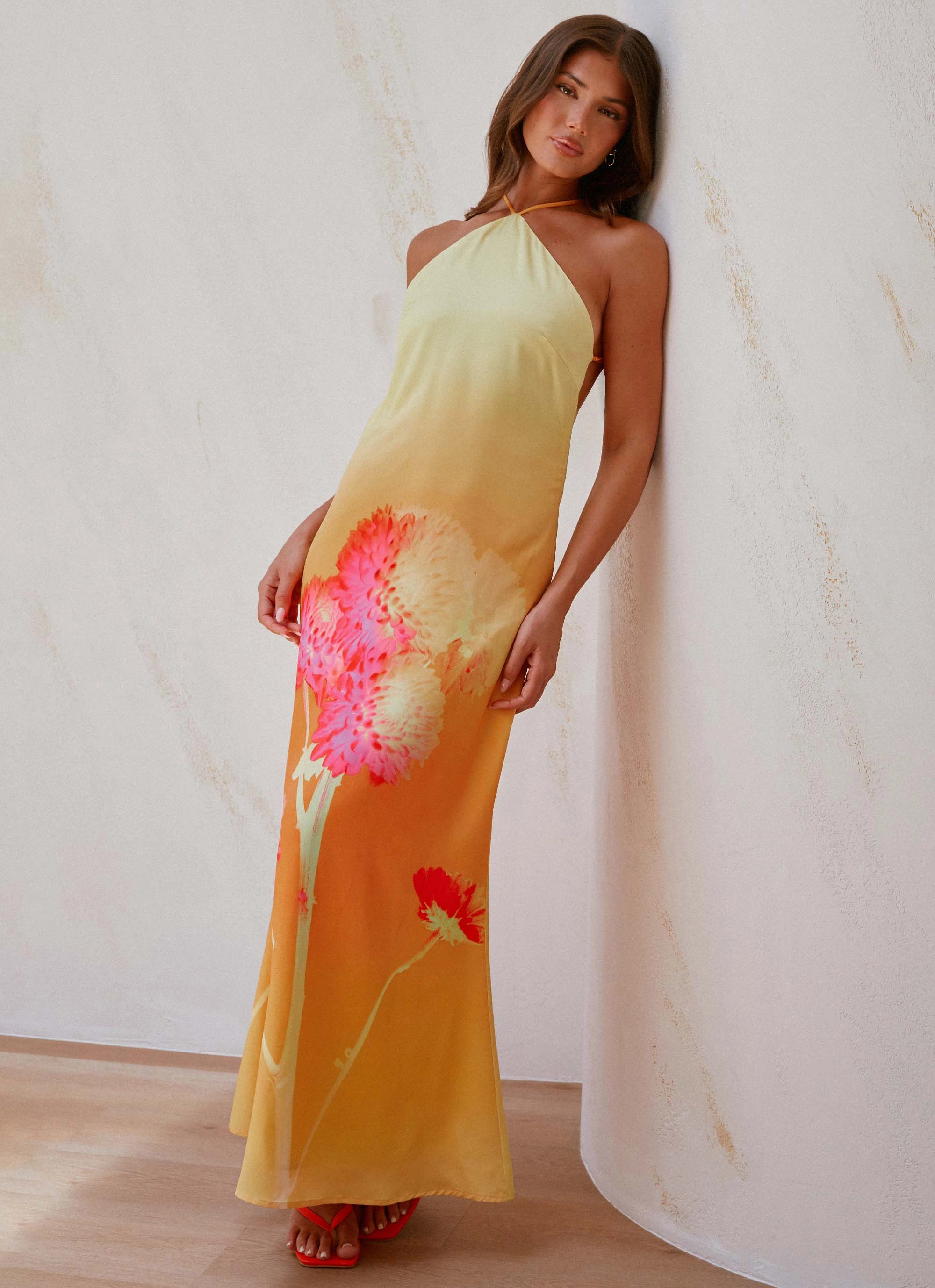 Chloe Maxi Dress - Orange Floral Chic Waistband Design