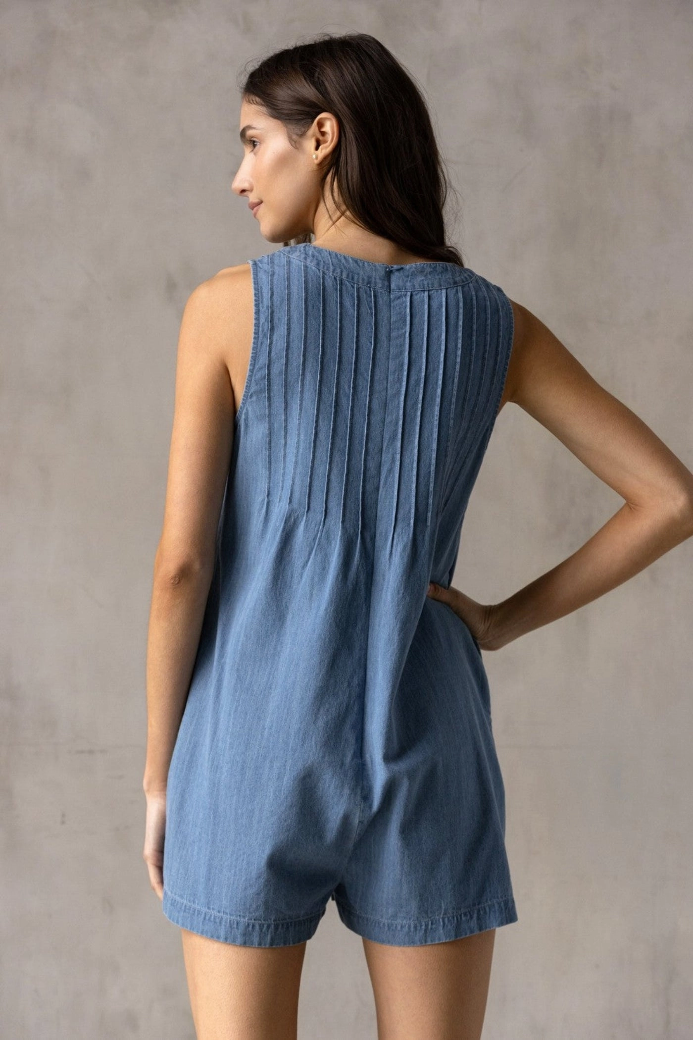MILLIE V-NECK DENIM ROMPER Relaxed Style Neutral Creative Look Work Ready Lightweight