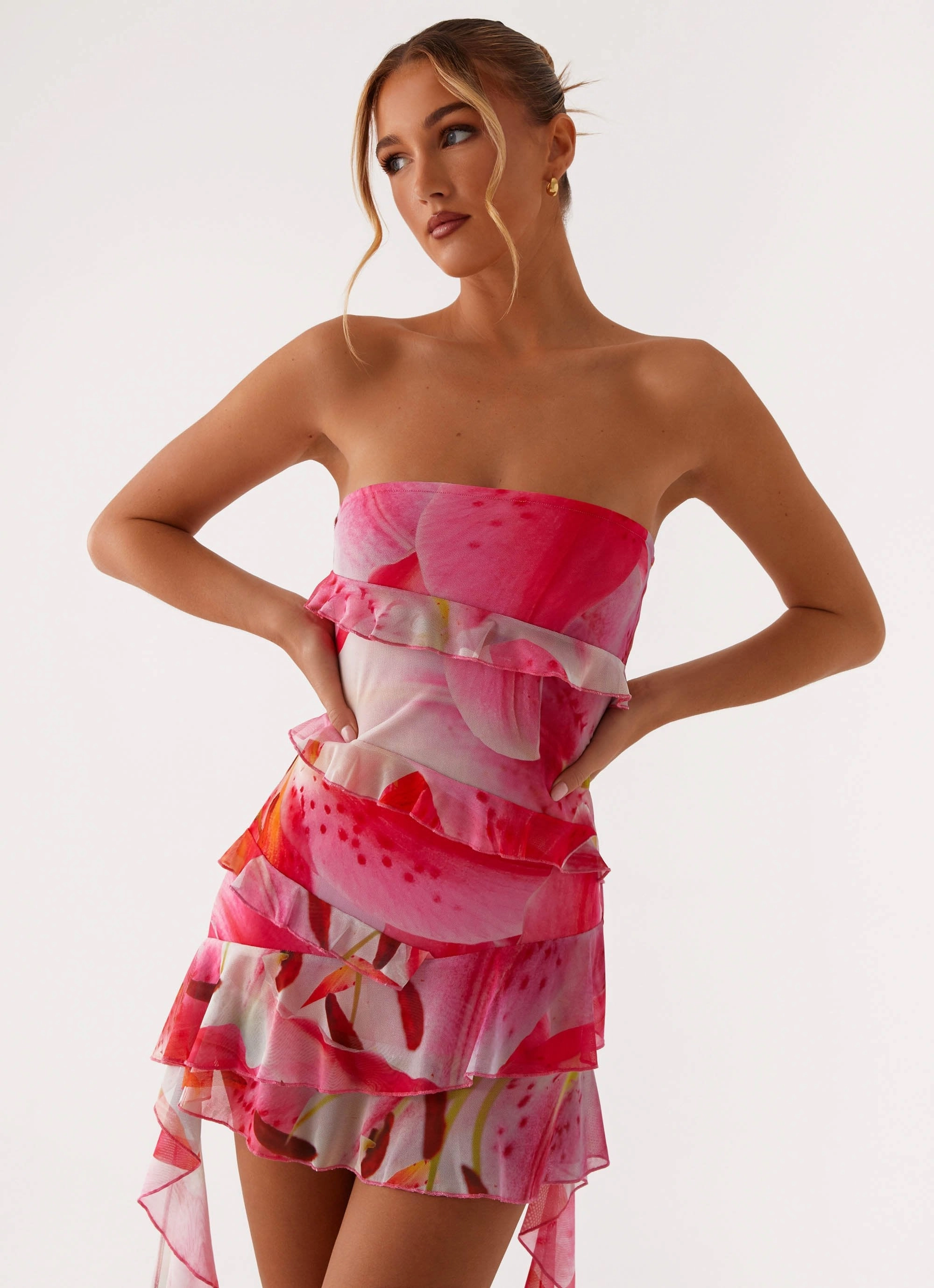 Macey Mini Dress - White Pink Lilly Anti-Static-Finish