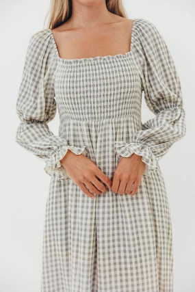 Smooth Texture Street Casual Emerson 100% Cotton Smocked Maxi Dress with Long Sleeves in Gray Sky - Bump Friendly - Restocking in Nov