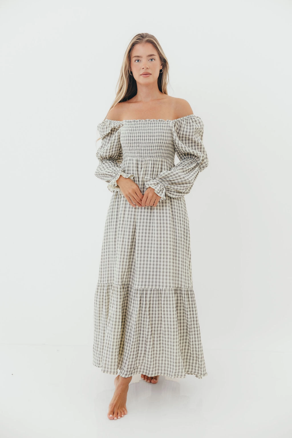 Emerson 100% Cotton Smocked Maxi Dress with Long Sleeves in Gray Sky - Bump Friendly - Restocking in Nov Work Fit